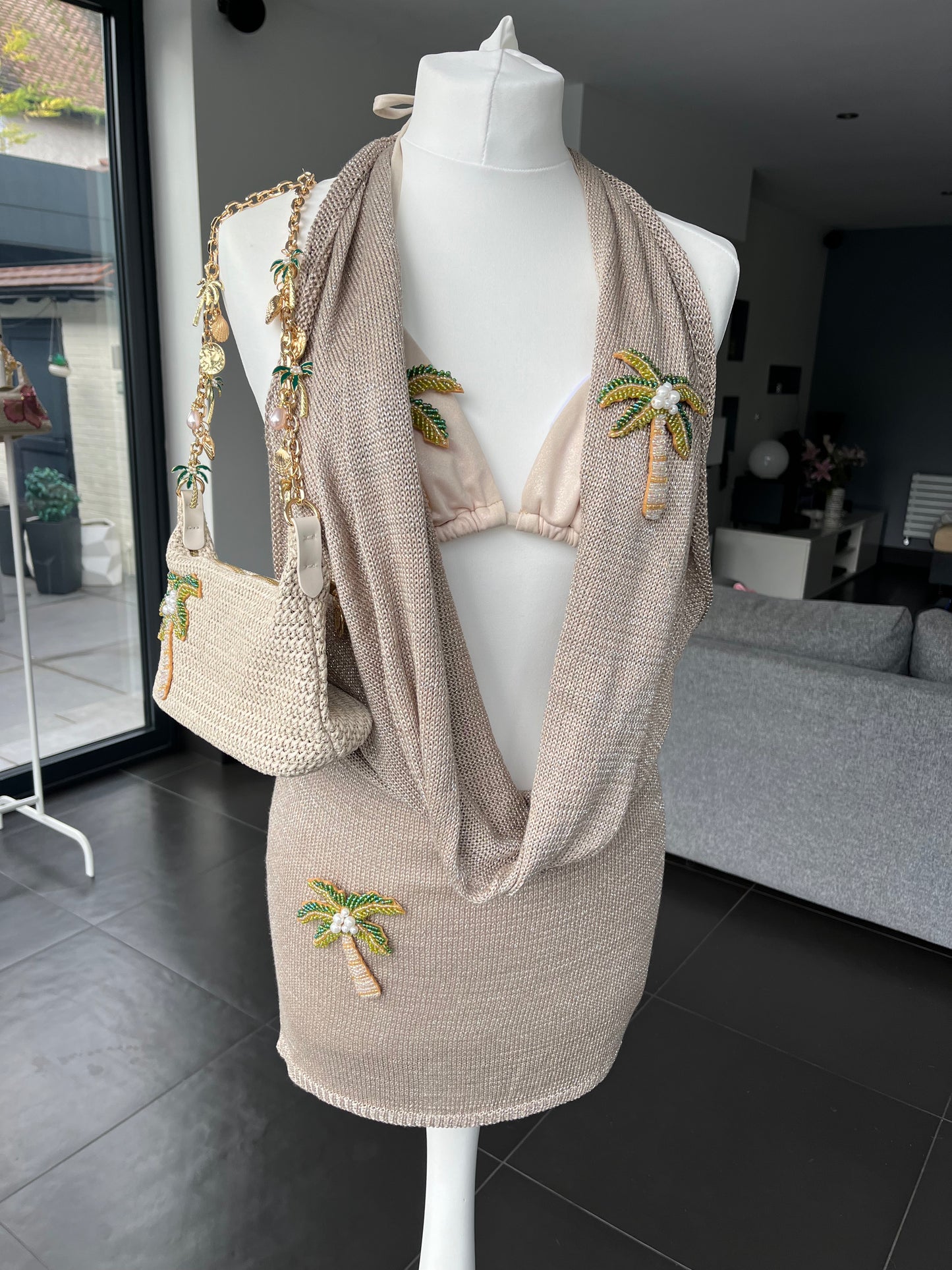 Beige beaded palm tree knit slouch front backless dress