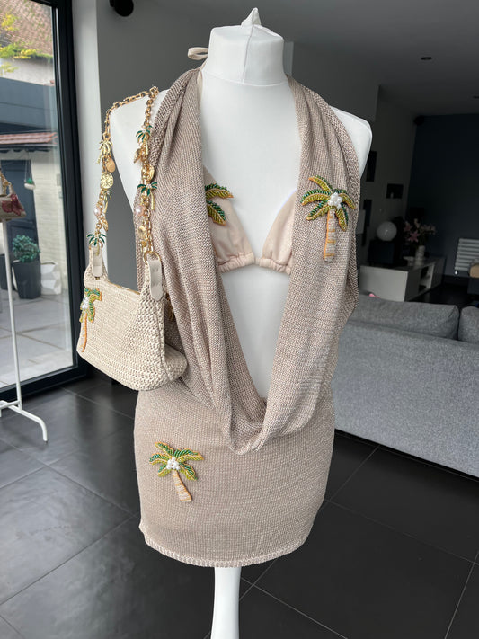 Beige beaded palm tree knit slouch front backless dress