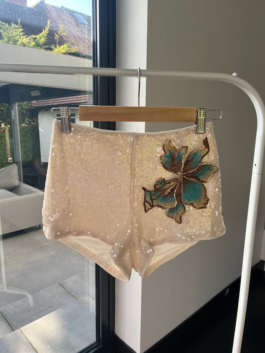 Beige teal blossom sequin shorts ONLY