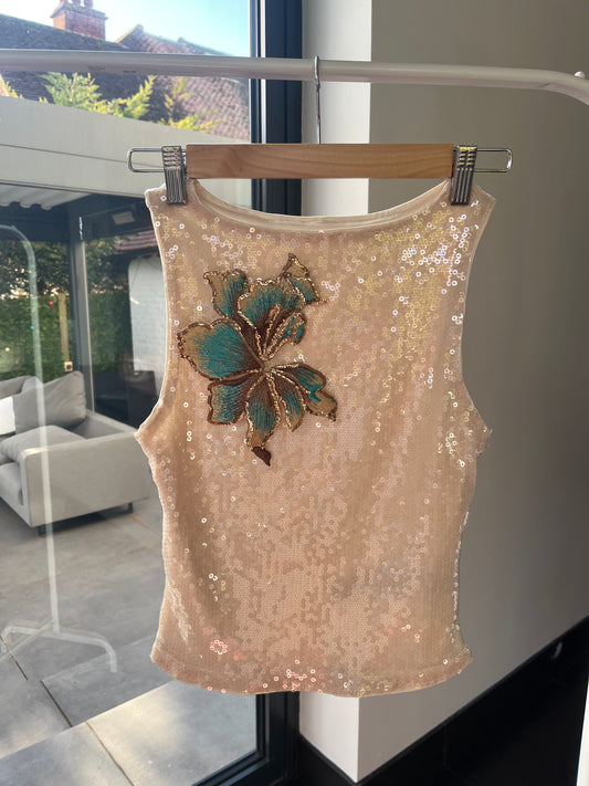 Beige teal blossom sequin Tank top ONLY