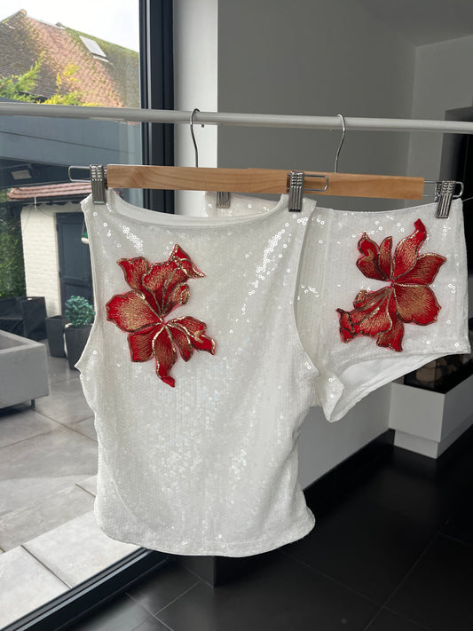 White Red blossom sequin tank & shorts SET