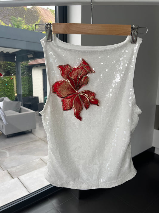White Red blossom sequin Tank top ONLY