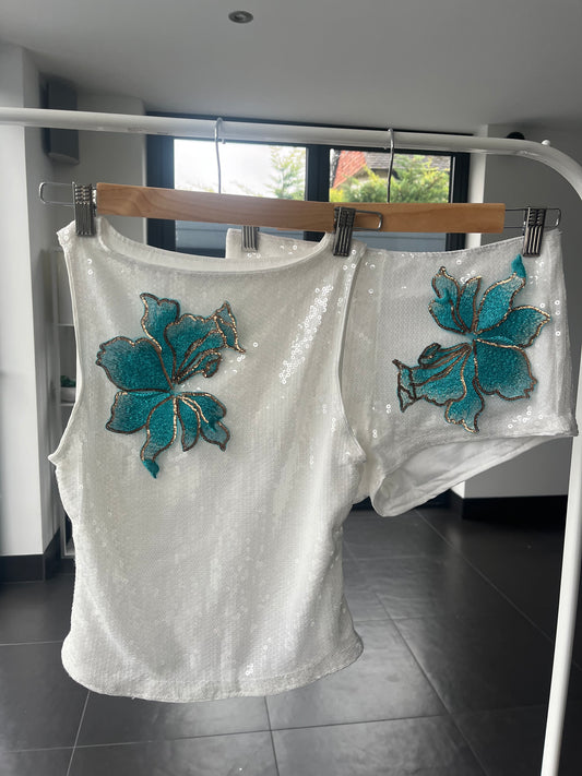 White ocean blossom sequin tank & shorts SET