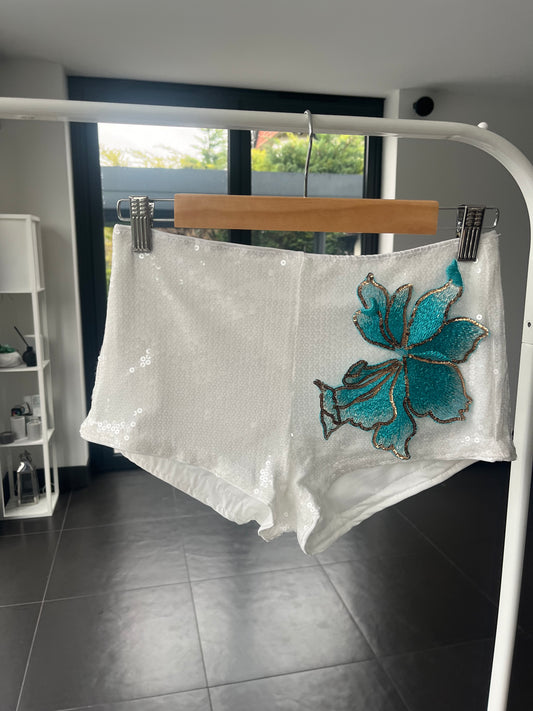 White ocean blossom sequin shorts ONLY