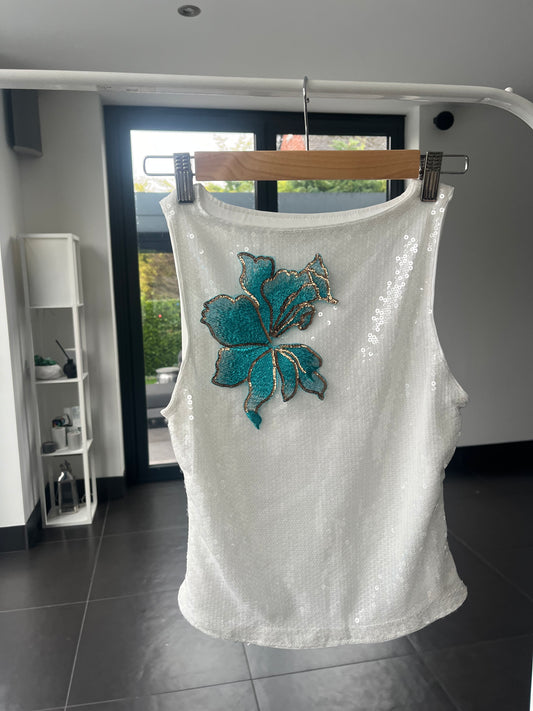 White Ocean blossom sequin Tank top ONLY