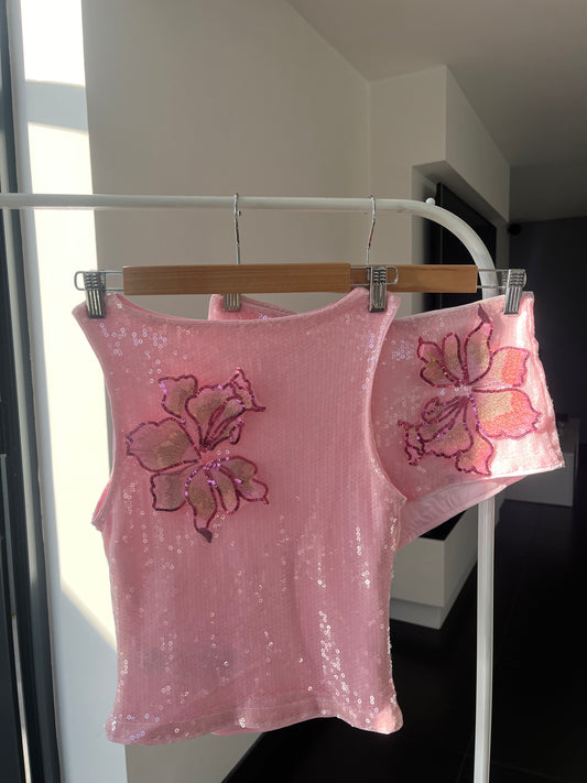 Pink candy blossom sequin tank & shorts SET