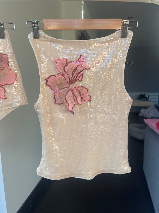 Beige candy blossom sequin Tank top ONLY
