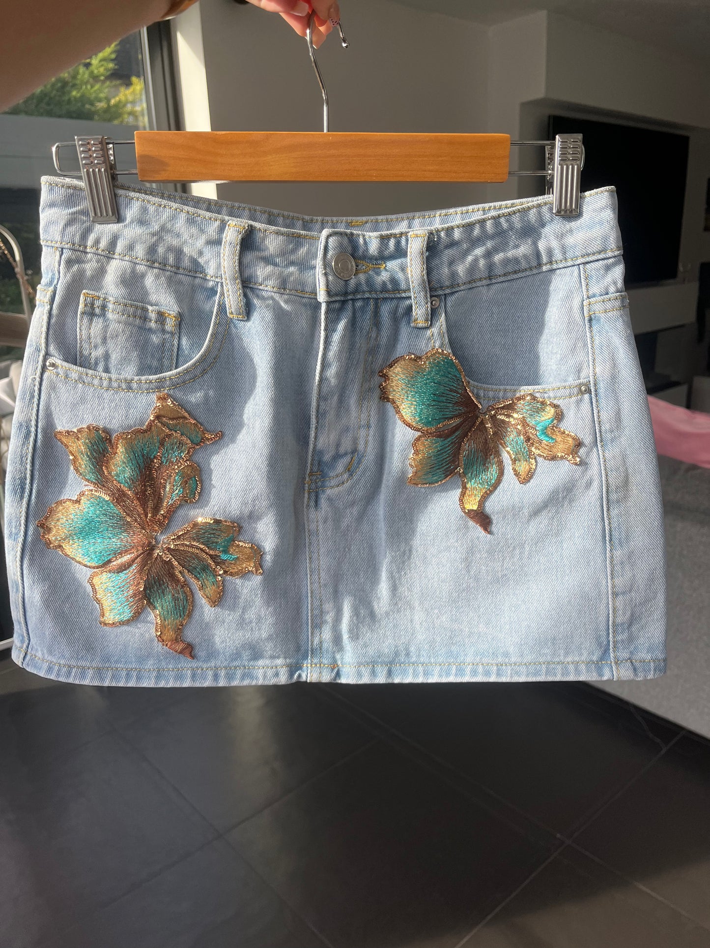 Teal blossom denim skirt