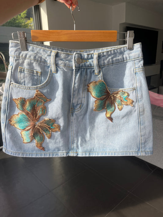 Teal blossom denim skirt