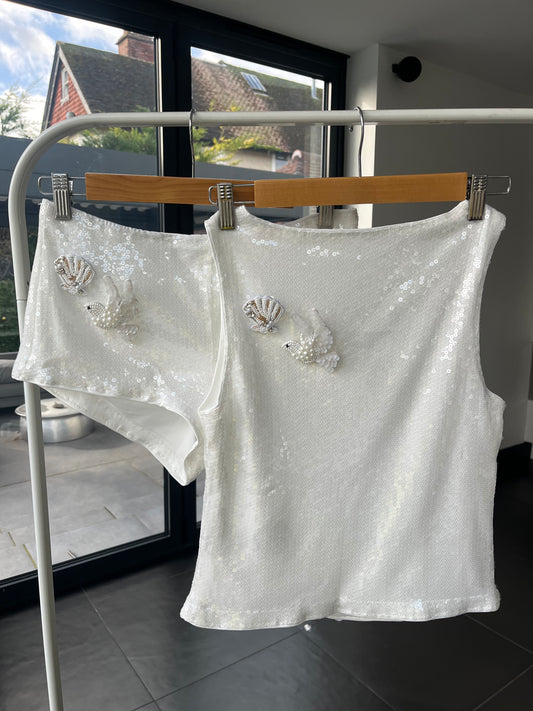 White bridal sequin tank & shorts SET