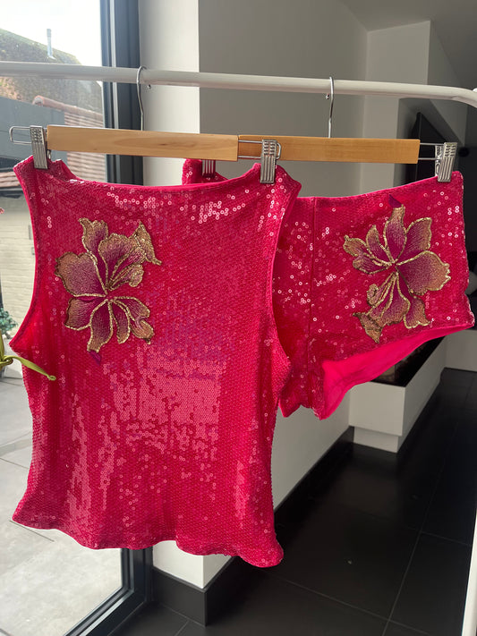 Hot Pink blossom sequin tank & shorts SET