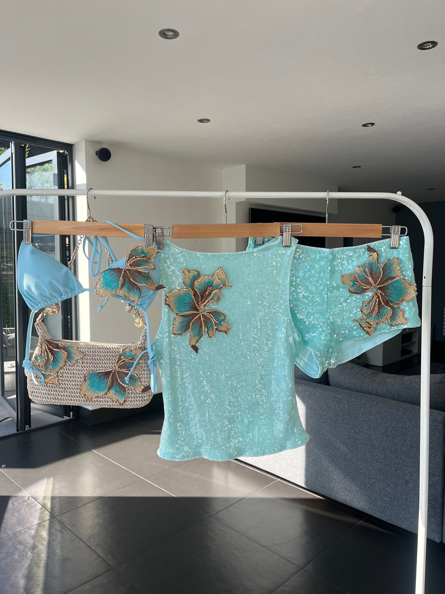 Aqua / teal blossom Tank & shorts SET