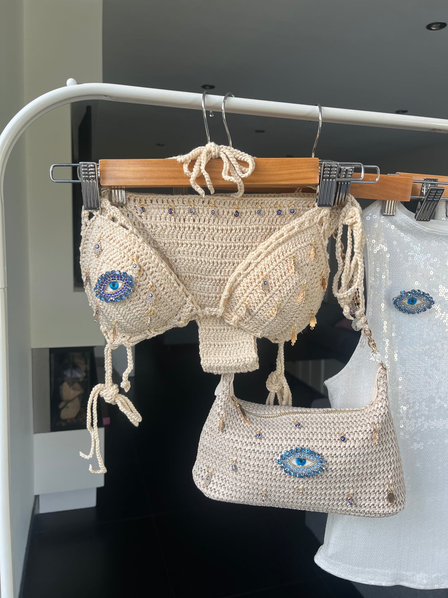Beige crochet evil eye bikini