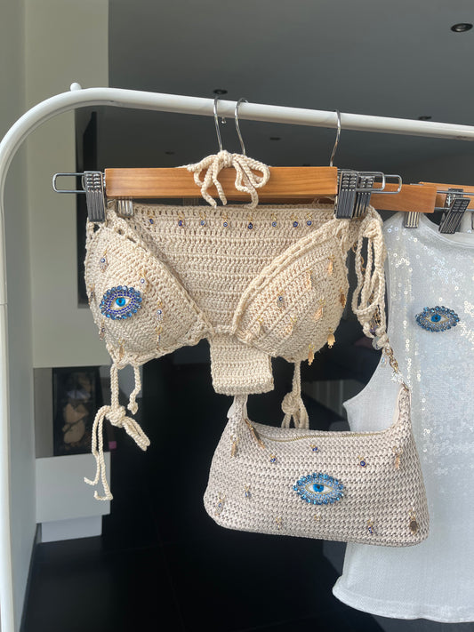 Beige crochet evil eye bikini
