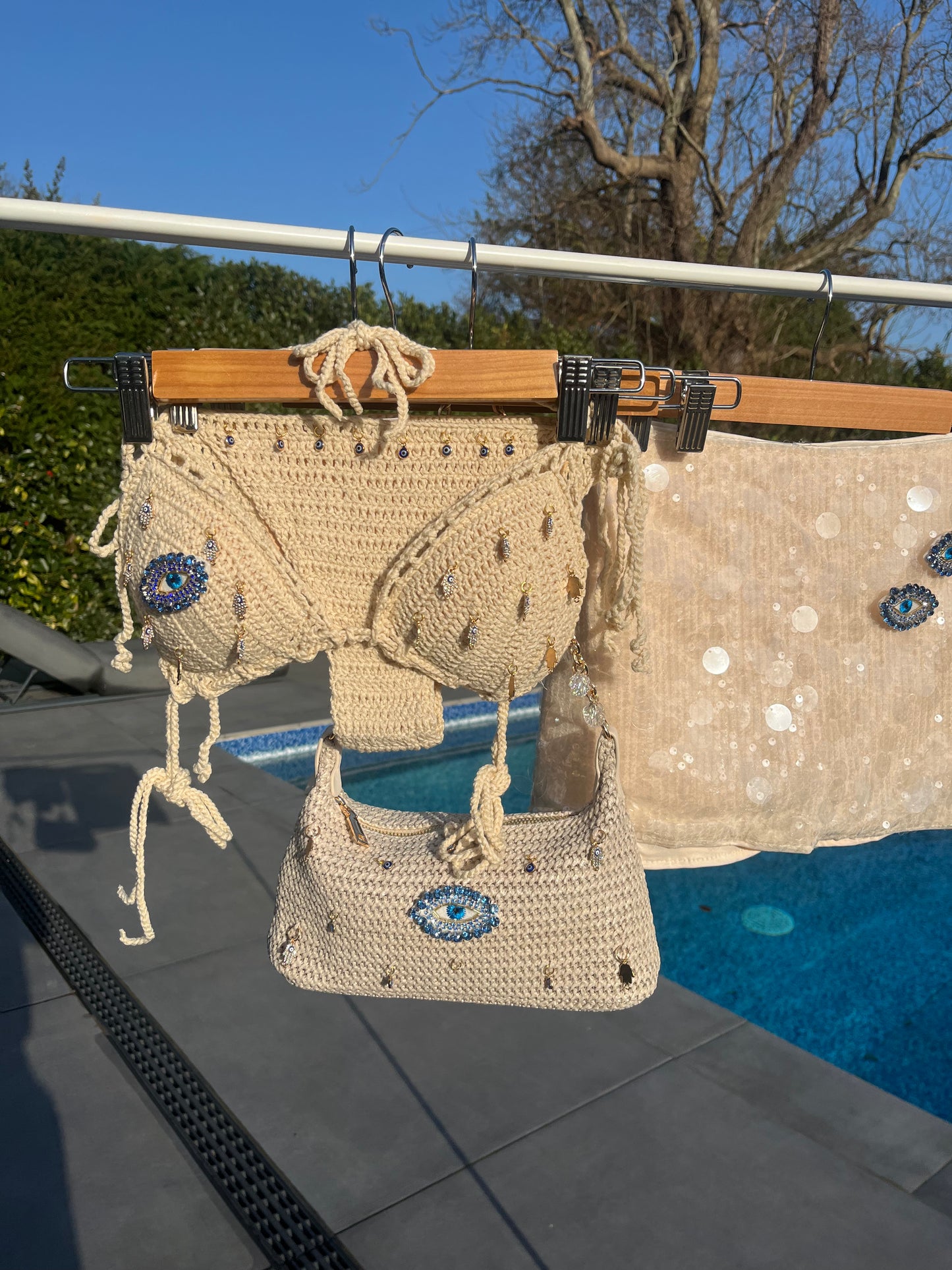 Beige crochet evil eye bikini