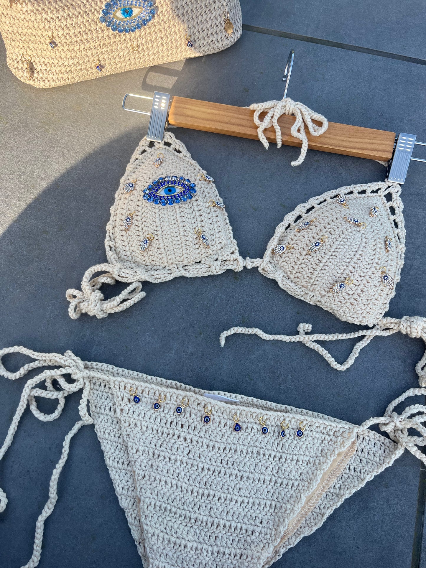 Beige crochet evil eye bikini