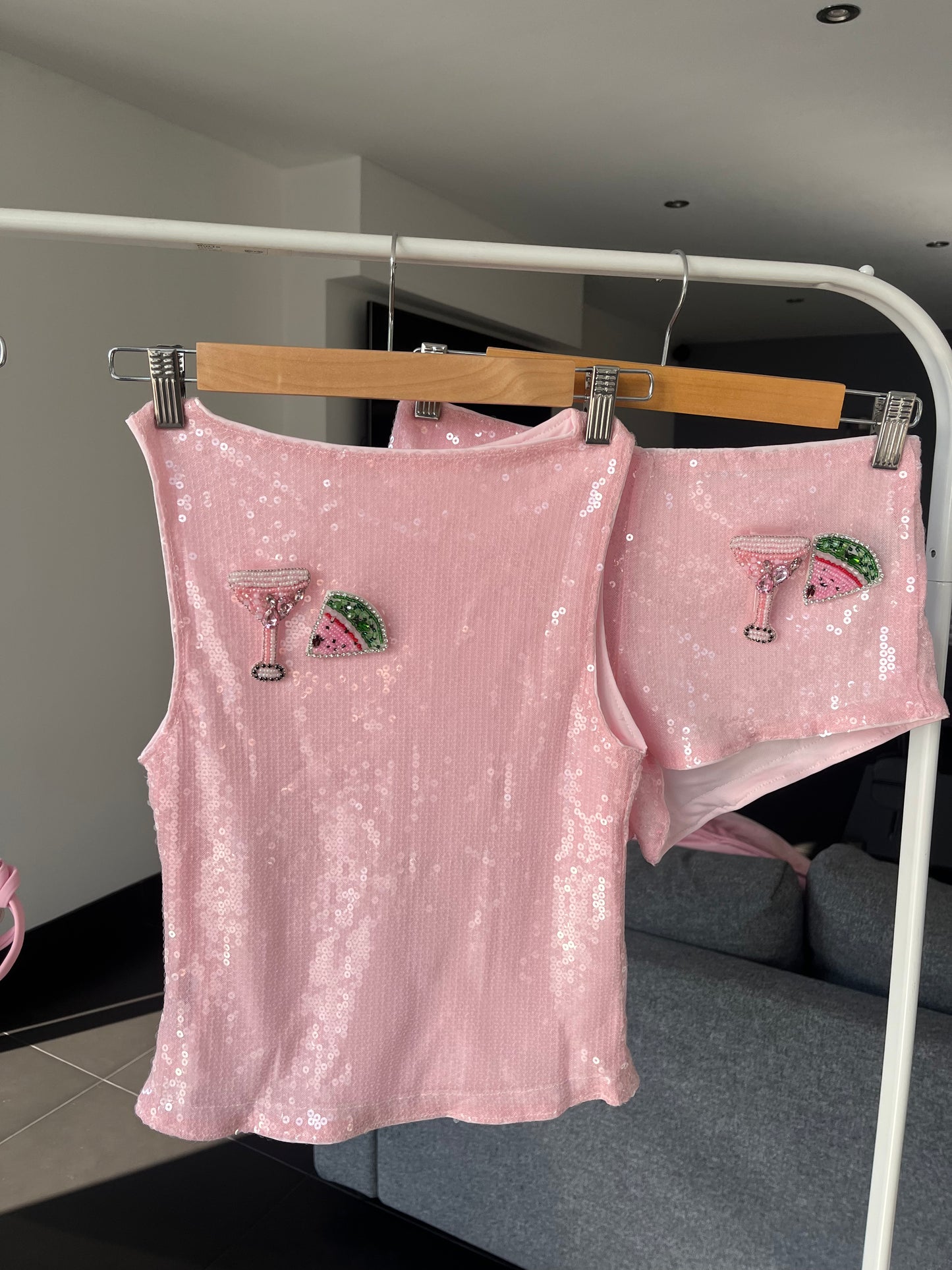 Pink melon martini sequin tank & shorts set