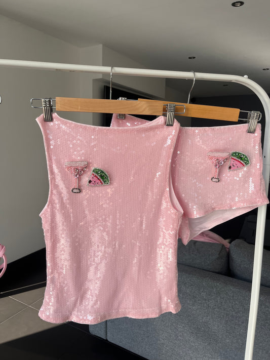 Pink melon martini sequin tank & shorts set