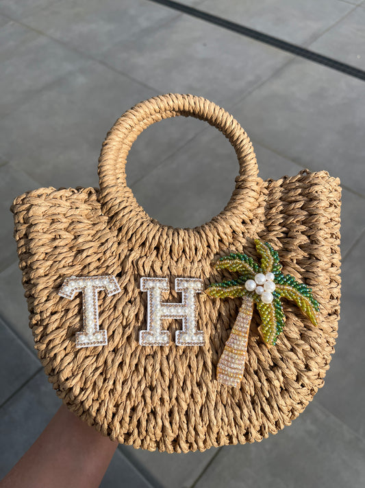 Pearled initial palm tree beach bag