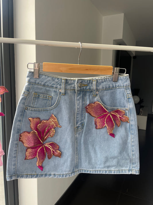 Pink blossom denim skirt