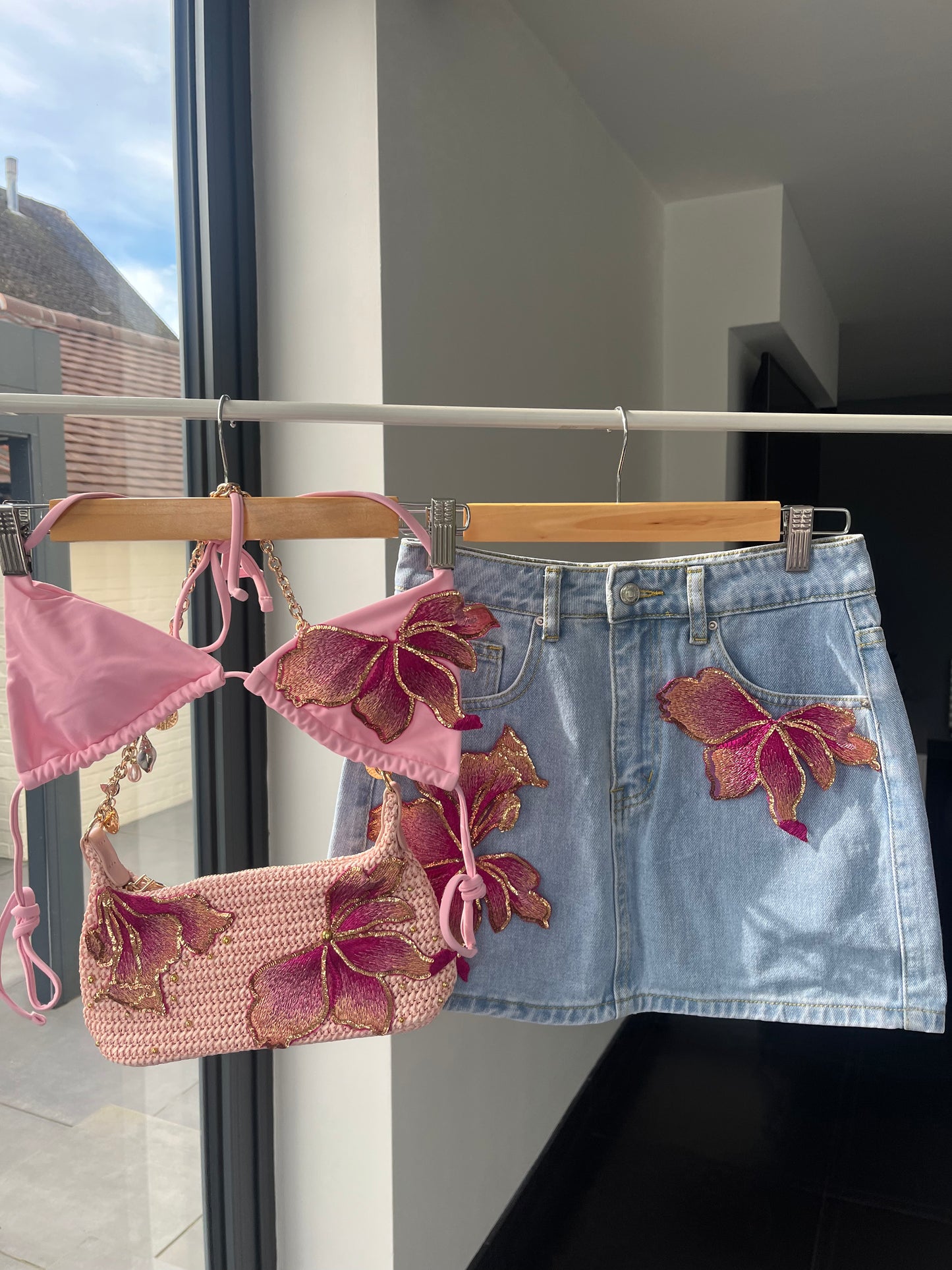 Pink blossom denim skirt