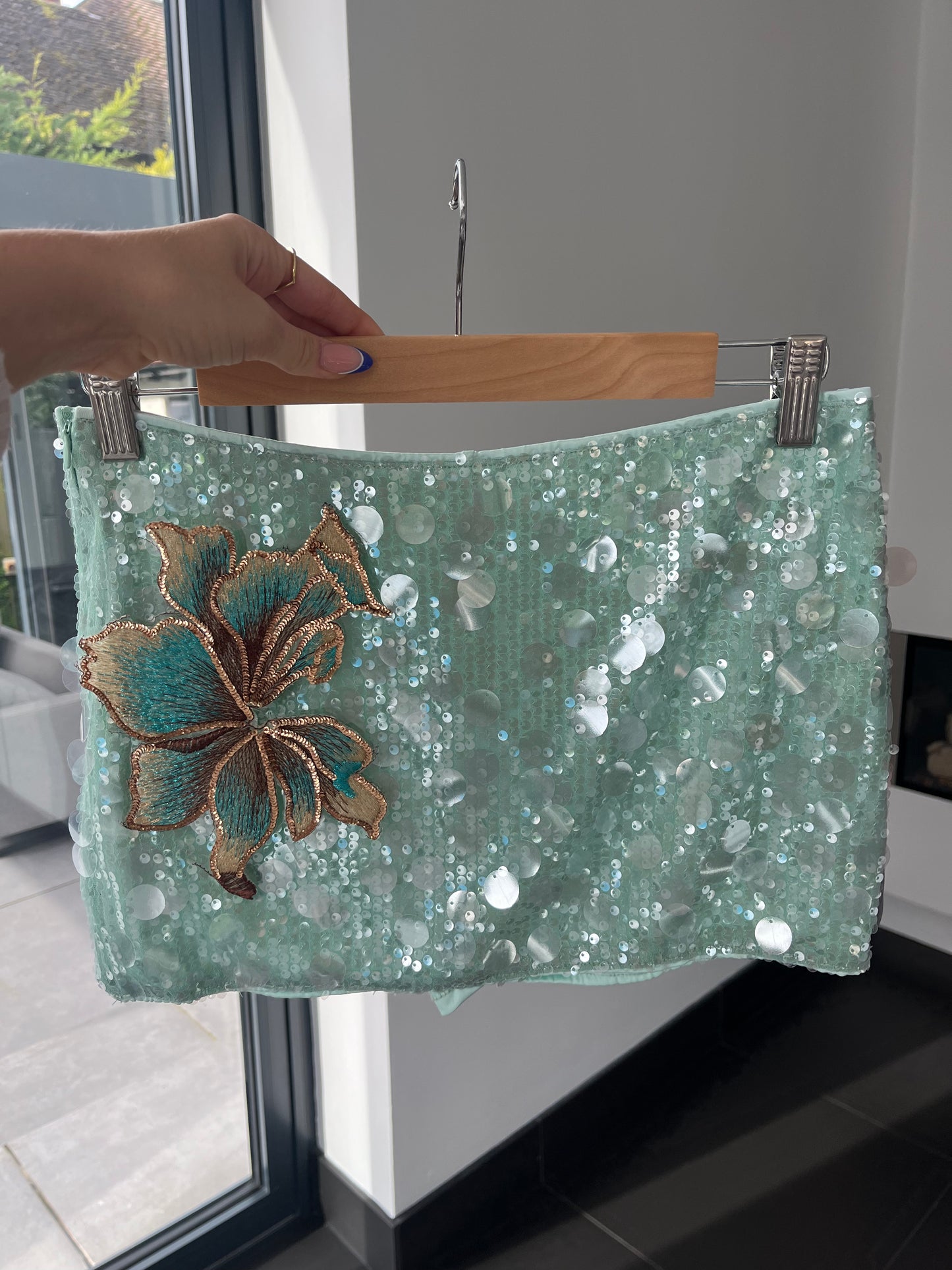 Aqua teal blossom sequin skort