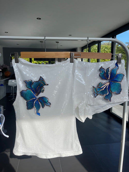White blueberry blossom sequin tank & shorts SET