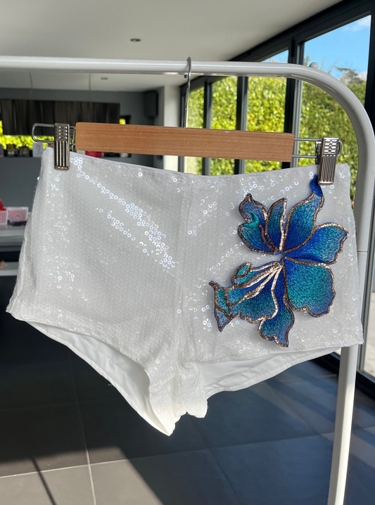 White blueberry blossom sequin shorts ONLY