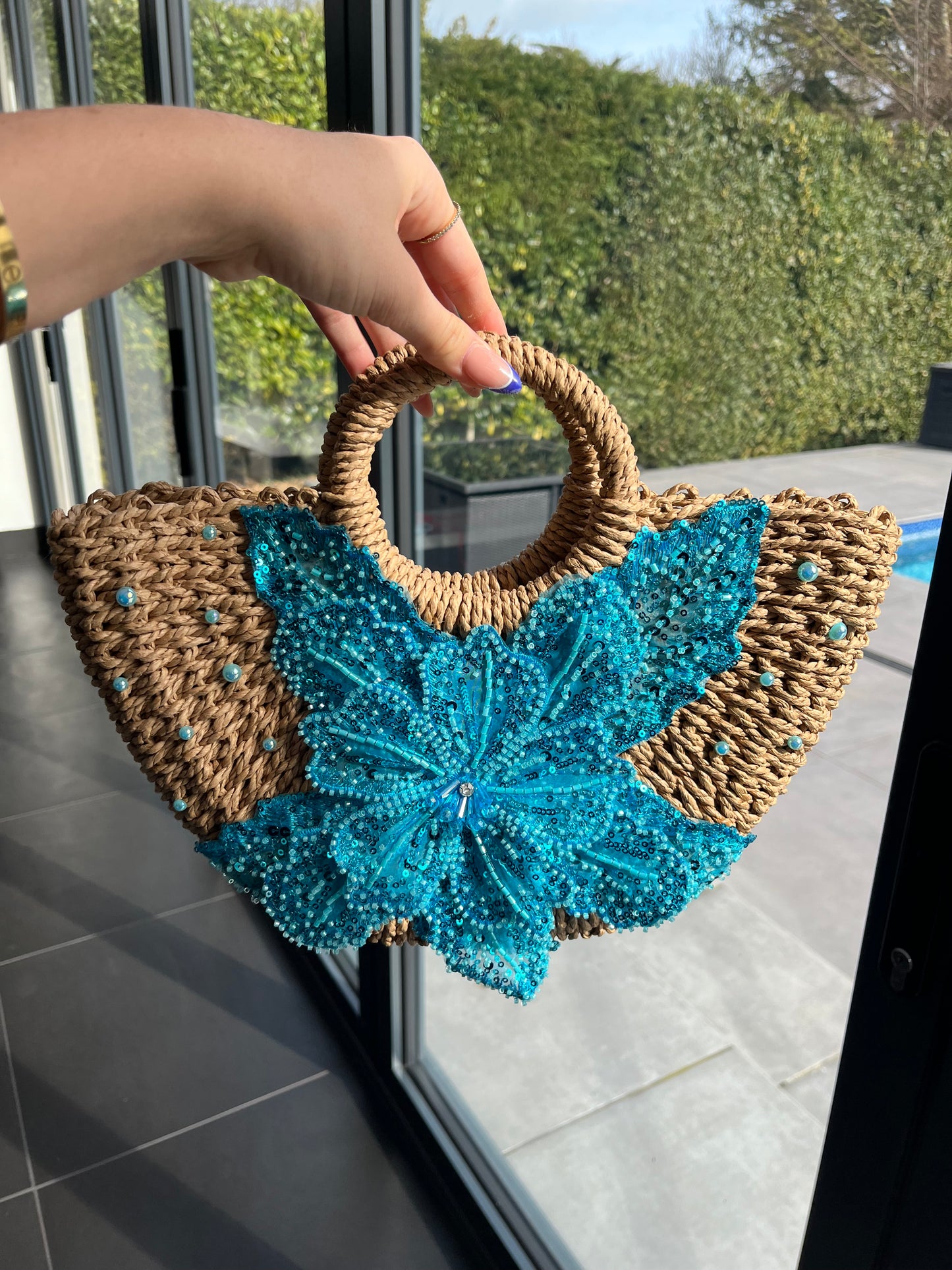 Pearled blue Gracie beach bag