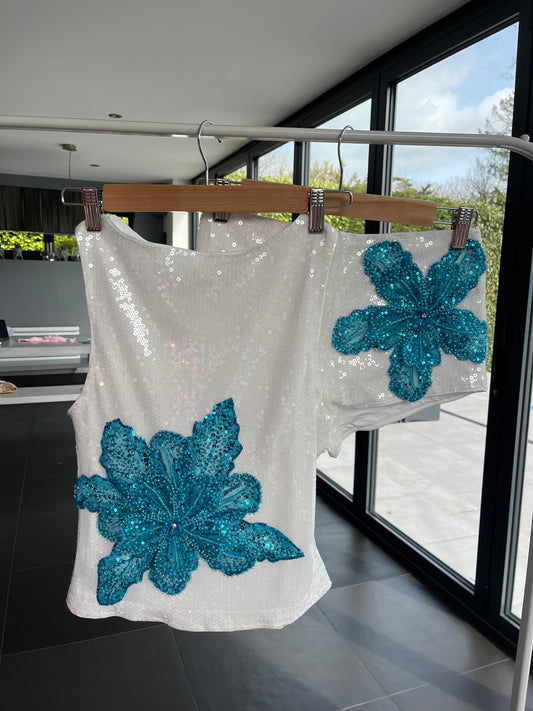 White/blue Gracie sequin tank and shorts SET