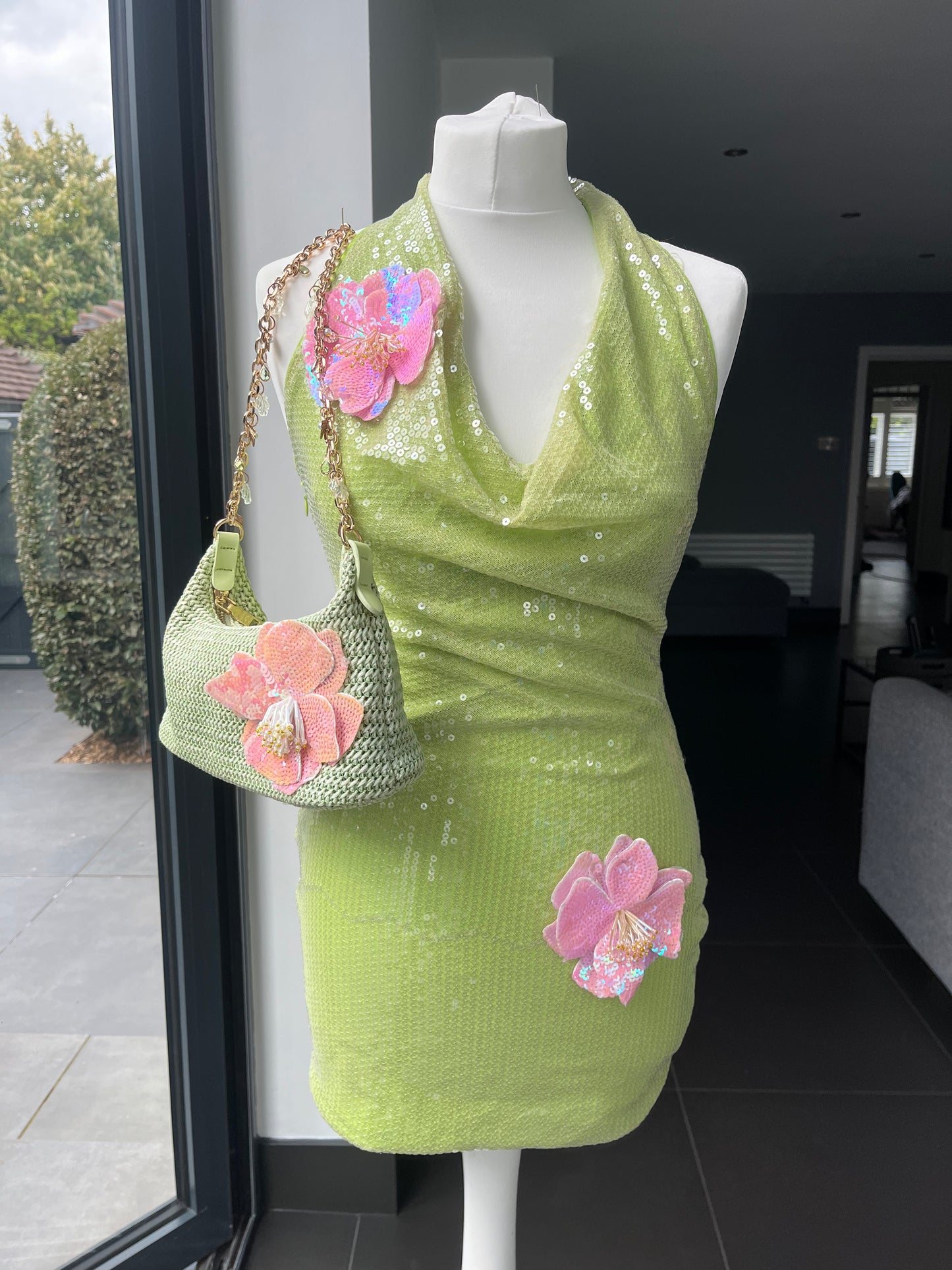 Matcha pink flora sequin dress