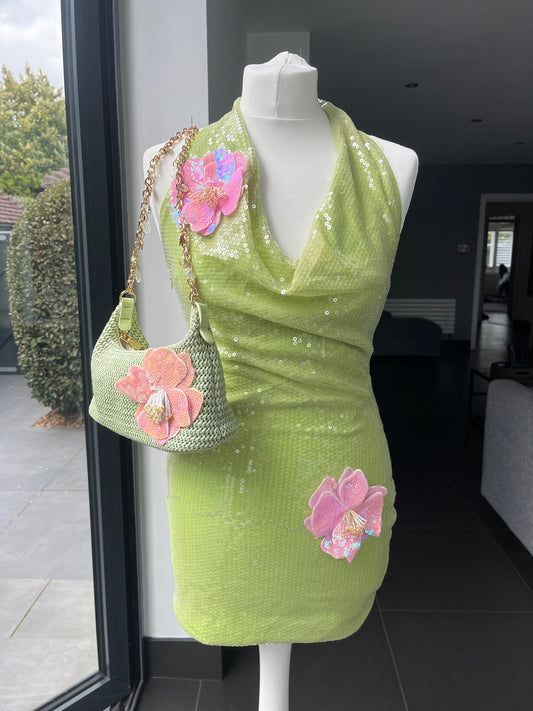 Matcha pink flora sequin dress