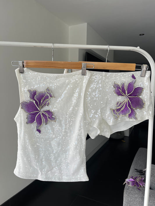 White violet blossom sequin tank & shorts SET