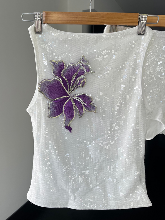 White violet blossom sequin Tank top ONLY