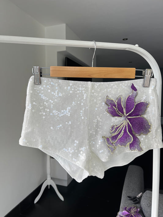 White violet blossom sequin shorts ONLY