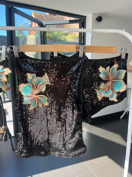 Black teal blossom sequin tank & shorts SET