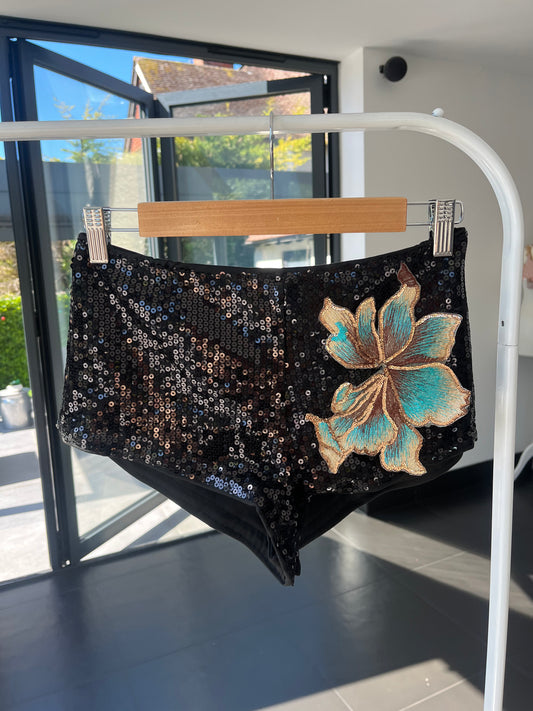 Black teal blossom sequin shorts ONLY