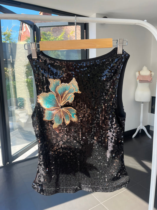 Black teal blossom sequin Tank top ONLY