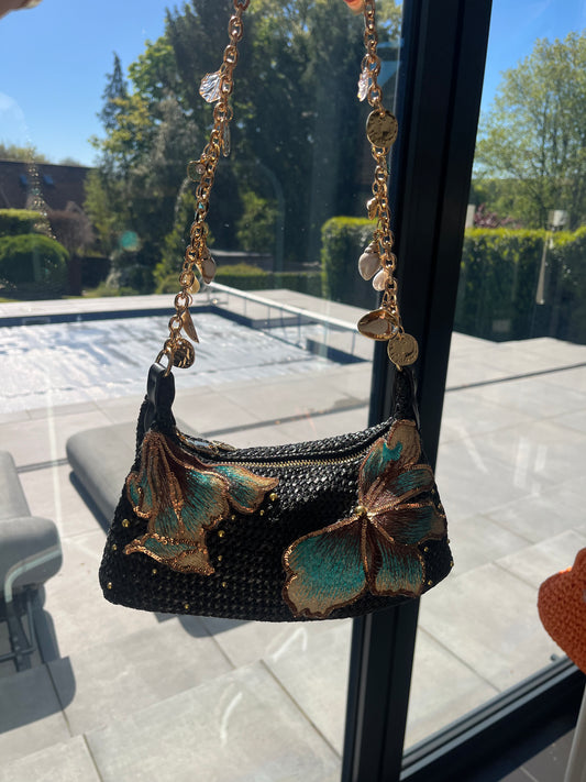 Ready to ship - Black teal blossom charm bag