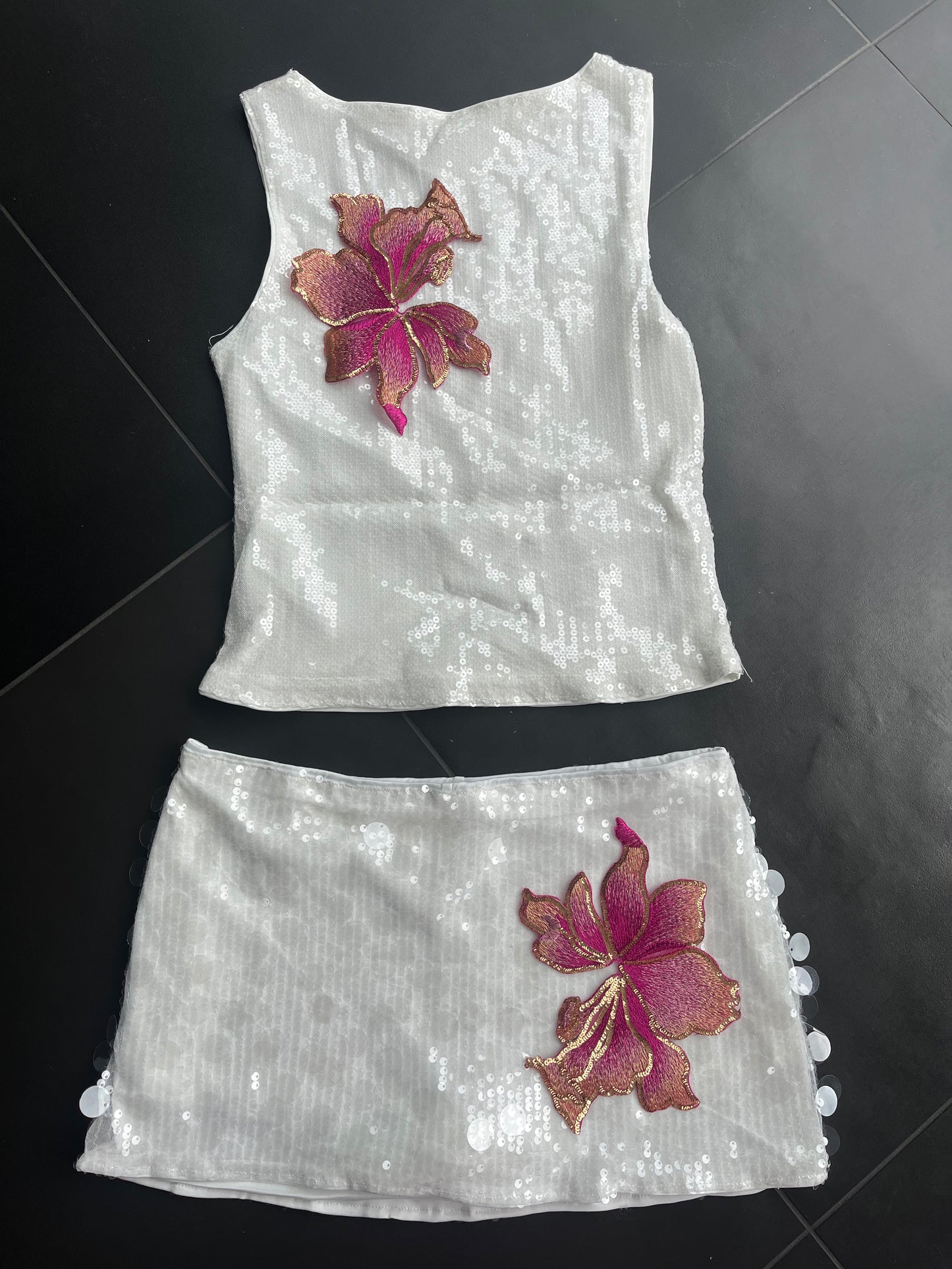White/ Pink blossom sequin Tank & skort set