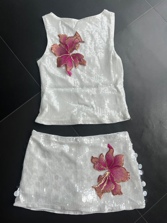 White/ Pink blossom sequin Tank & skort set