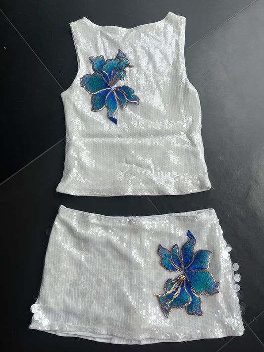 White Blueberry blossom sequin Tank & skort set