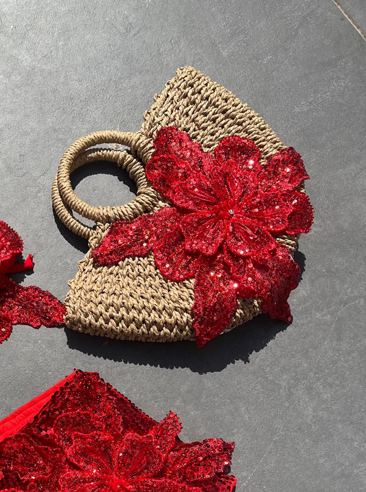 Pearled red Gracie beach bag
