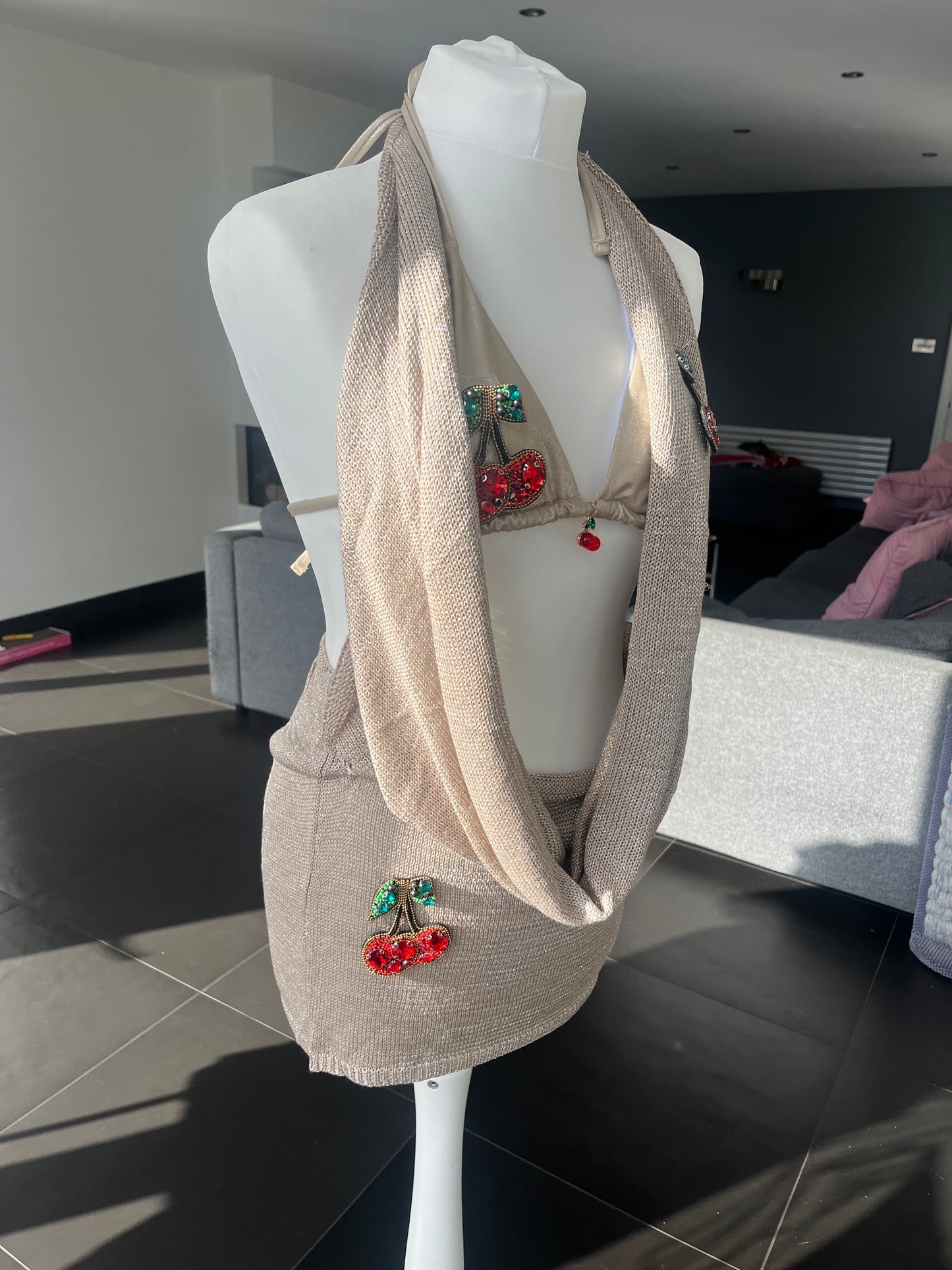 Beige Gem cherry knit slouch front backless dress