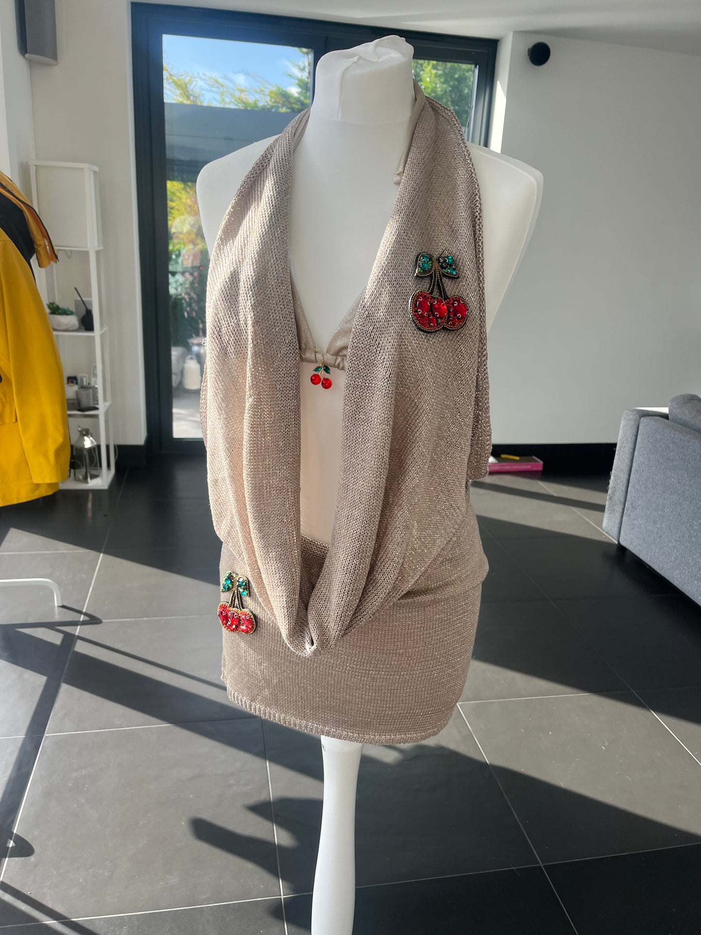 Beige Gem cherry knit slouch front backless dress