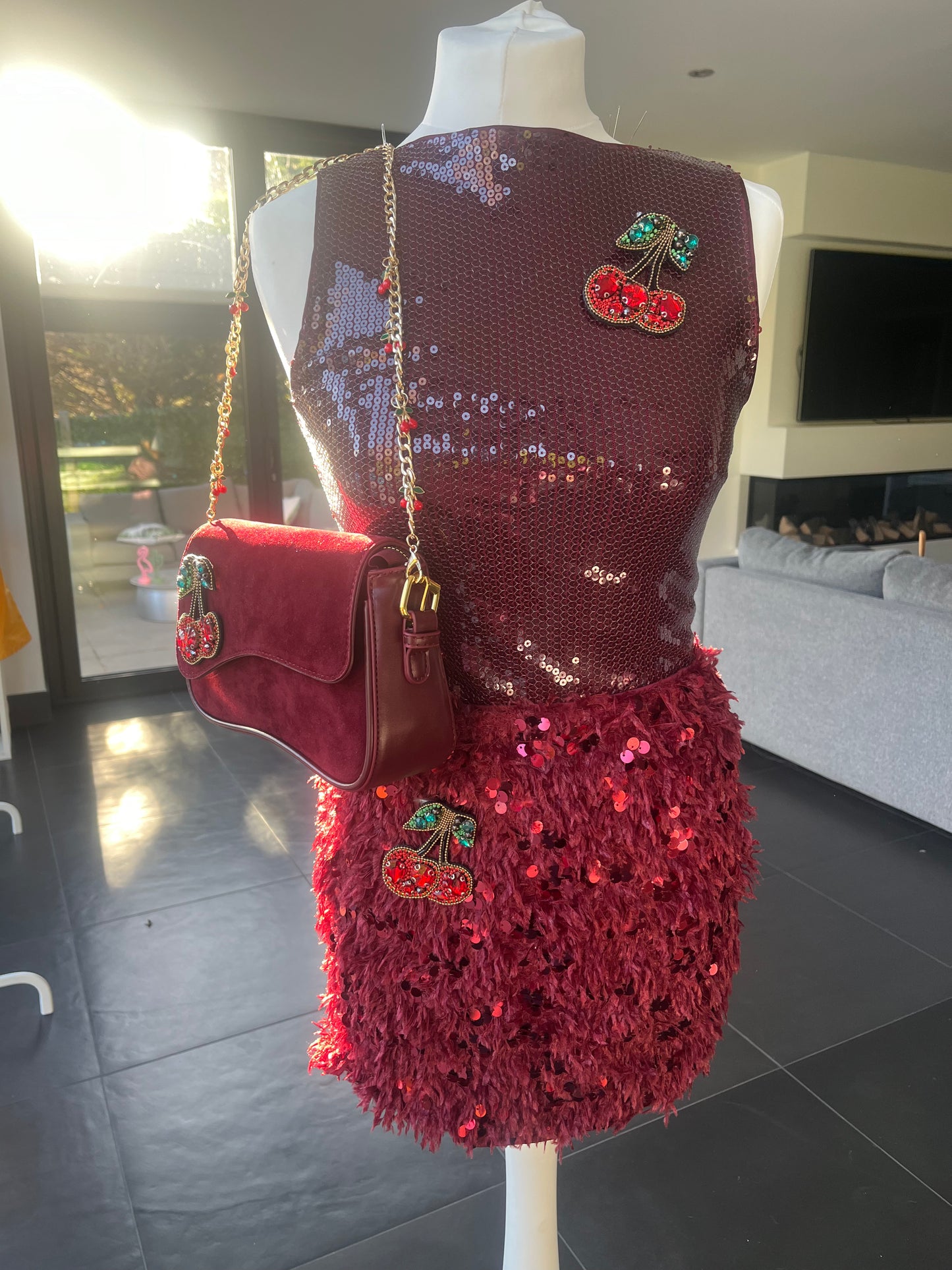 Burgundy Gem cherry fluffy sequin skirt