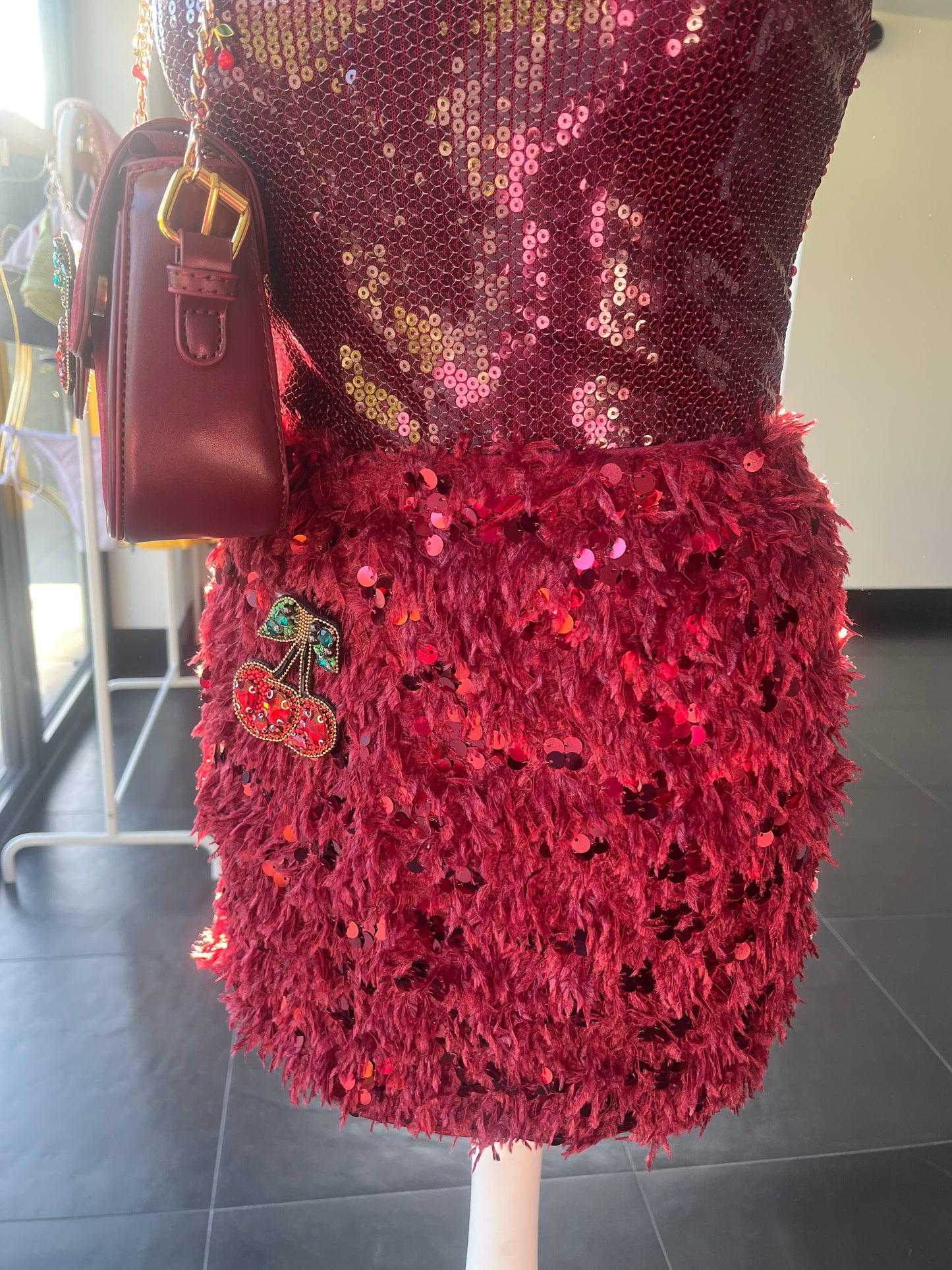 Burgundy Gem cherry fluffy sequin skirt