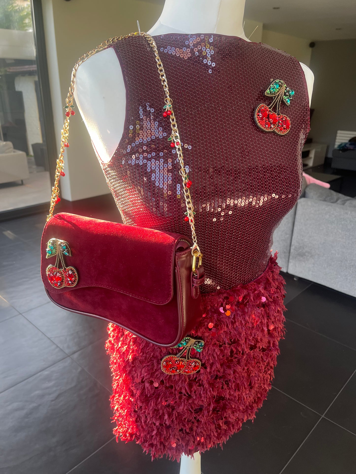 Burgundy Gem cherry fluffy sequin skirt