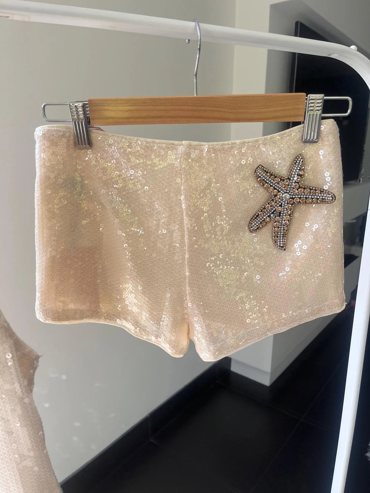 Beige / gold Gem starfish sequin tank & shorts SET