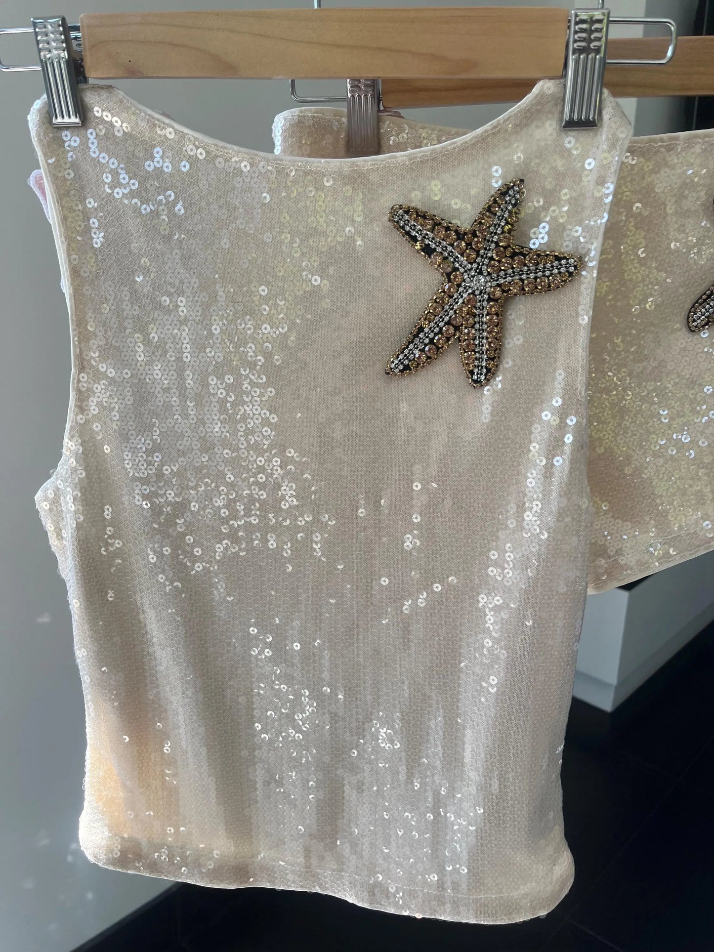 Beige / gold Gem starfish sequin tank & shorts SET
